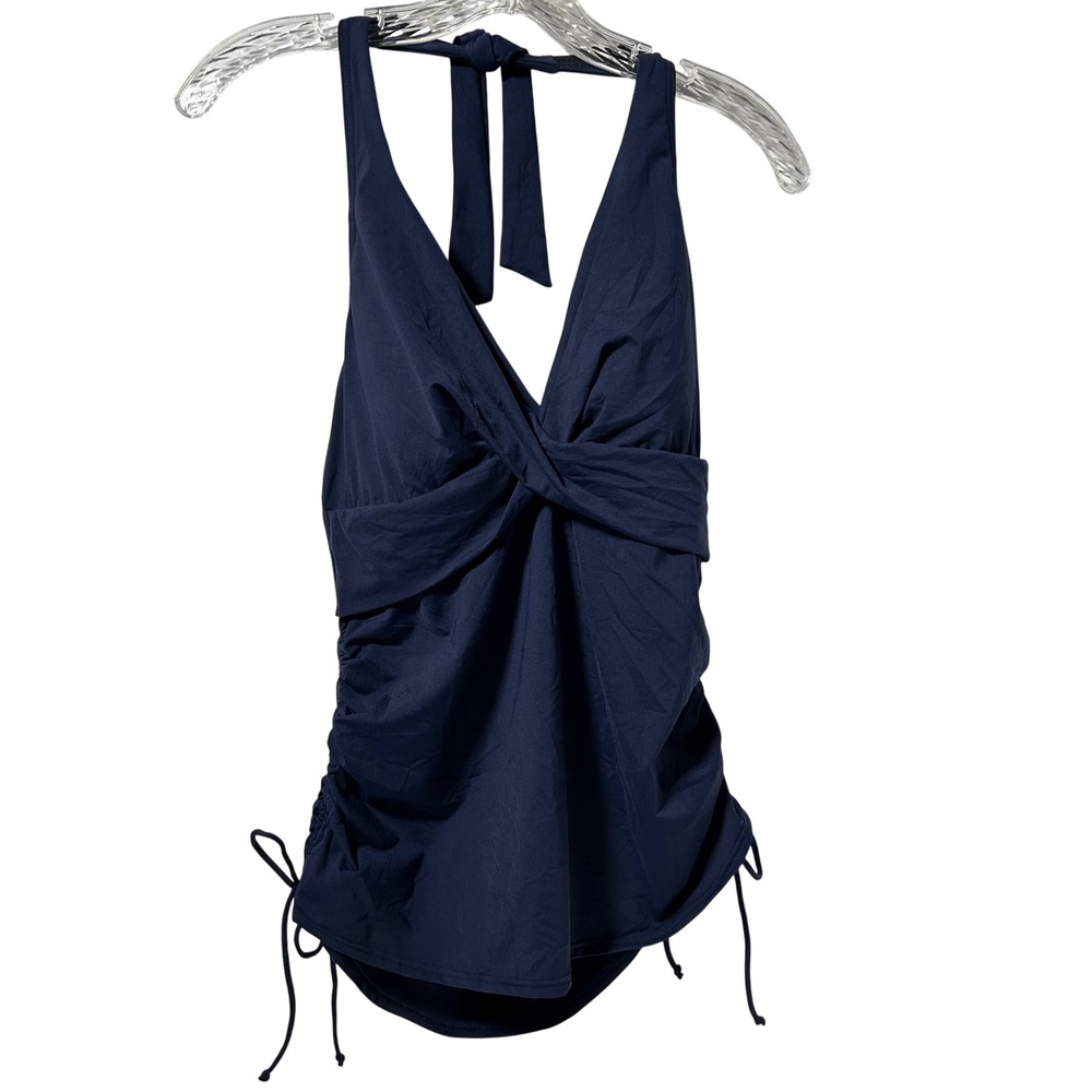 Lands End Navy Blue Twist Front Halter Tankini Top Ruched Side Ties 14P Petite